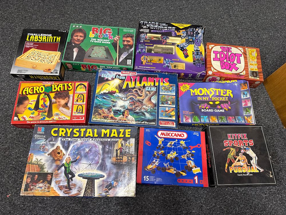 Lot 272: A collection of vintage board games and activities including Transformers and Meccano