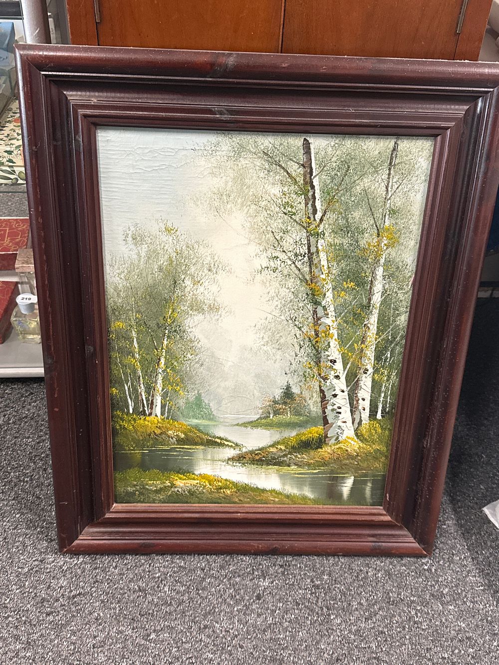 Lot 277: Mid-century oil painting of birch trees in a dark wood frame