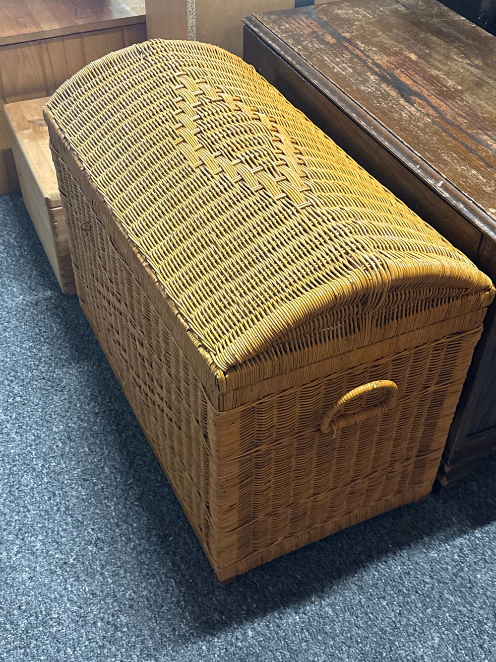 Lot 292: Large woven wicker storage trunk with domed hinged lid