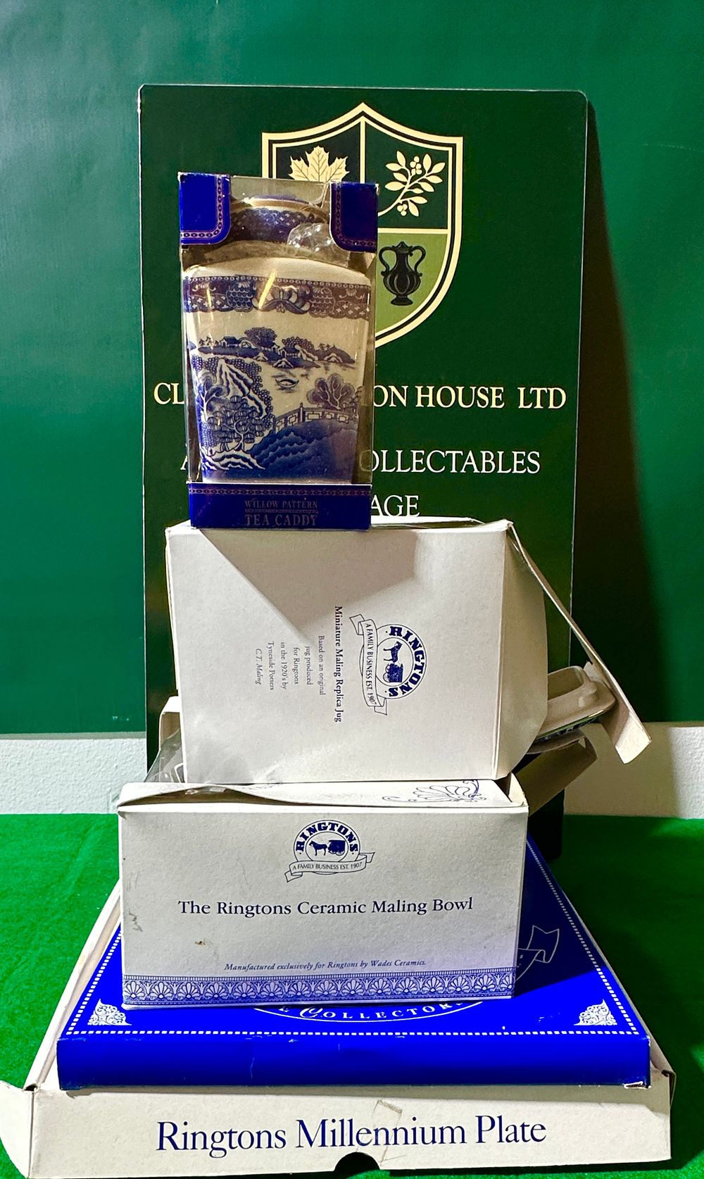 A Collection of Ringtons Maling and Willow Pattern Blue and White Ceramic Collectibles. A 