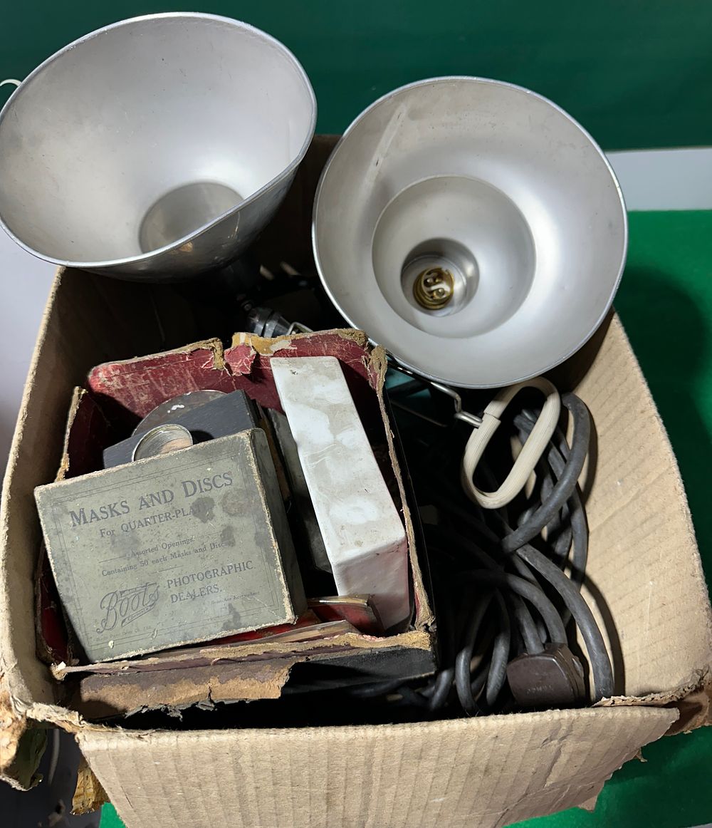 A Pair of Vintage Mayfair Photography Lights and a Collection of Photographic Supplies. A pair 