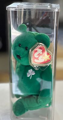 Ty Beanie Baby Erin The Bear with Display Case. A Ty Beanie Baby, 'Erin The Bear'. The small 