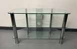A Contemporary Three-Tier Glass and Metal Corner TV Stand. A contemporary three-tier media or Image - 1