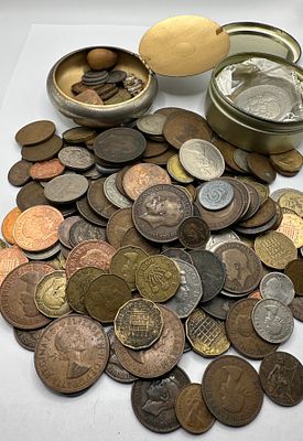 A Bulk Lot of Mixed World Coins, with Two Metal Containers. A substantial bulk lot of 