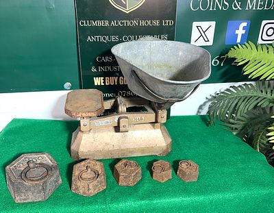 A Vintage Cast Iron "TOWEIGH" Counter-Top Balance Scale with Galvanized Scoop and Five Weights. A 