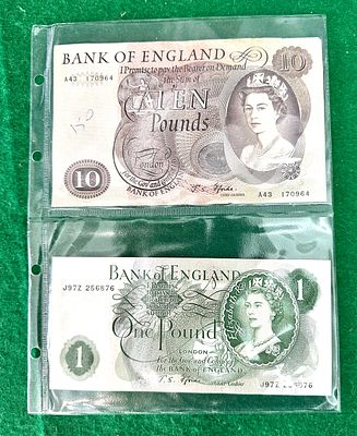 A Pair of Bank of England Elizabeth II Banknotes: Ten Pounds P-376a (ND 1964-66) and One Pound 