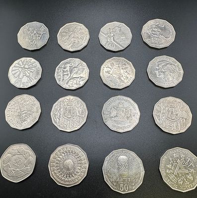 A Collection of Sixteen Australian 50 Cents Commemorative Coins, 1977-2014. A collection of 