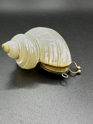 A Metal Mounted Pearlized Turbo Seashell Snuff Mull. A metal-mounted pearlized Turbo seashell 
