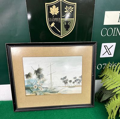 A Framed Late 19th/Early 20th Century Tropical Coastal Watercolor. A framed watercolor painting 