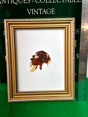 Antique Hand-Painted Miniature of a Hunting Dog with Game Bird. A small, rectangular framed 