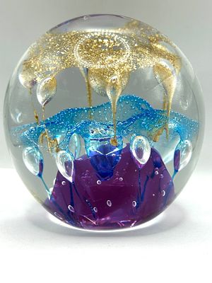Art Glass Paperweight with Gold Frit, Blue, and Purple Internal Decoration, possibly Salena Cattaneo