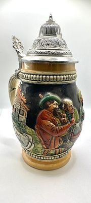 Western Germany Relief-Molded and Hand-Painted Ceramic Barrel Beer Stein with Pewter Lid. A 