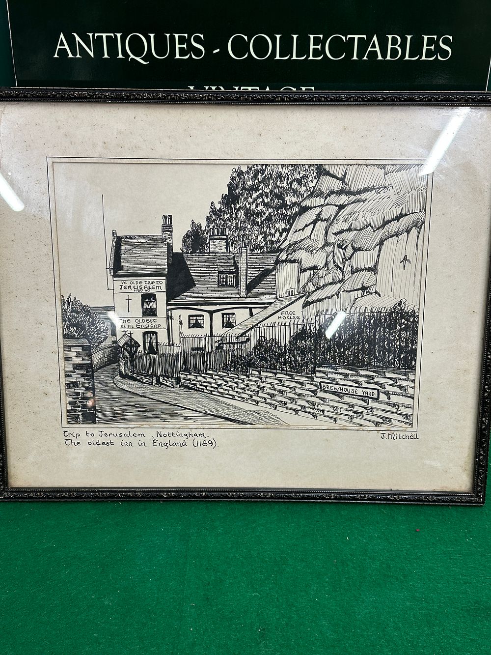 Lot 357: A 20th-Century Pen and Ink Architectural Illustration of Ye Olde Trip to Jerusalem by J. Mitchell