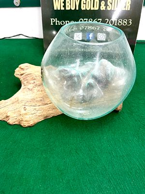 A Hand Blown Molten Glass Bowl on a Natural Wood Root Base. This decorative sculptural item 