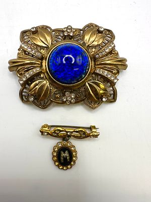 Two Vintage Gold-Tone and Blue Glass Costume Jewellery Brooches. Two vintage costume jewellery 
