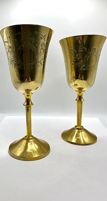 A Pair of Vintage Engraved Silver-Plated Brass Wine Goblets. A pair of silver-plated brass wine 