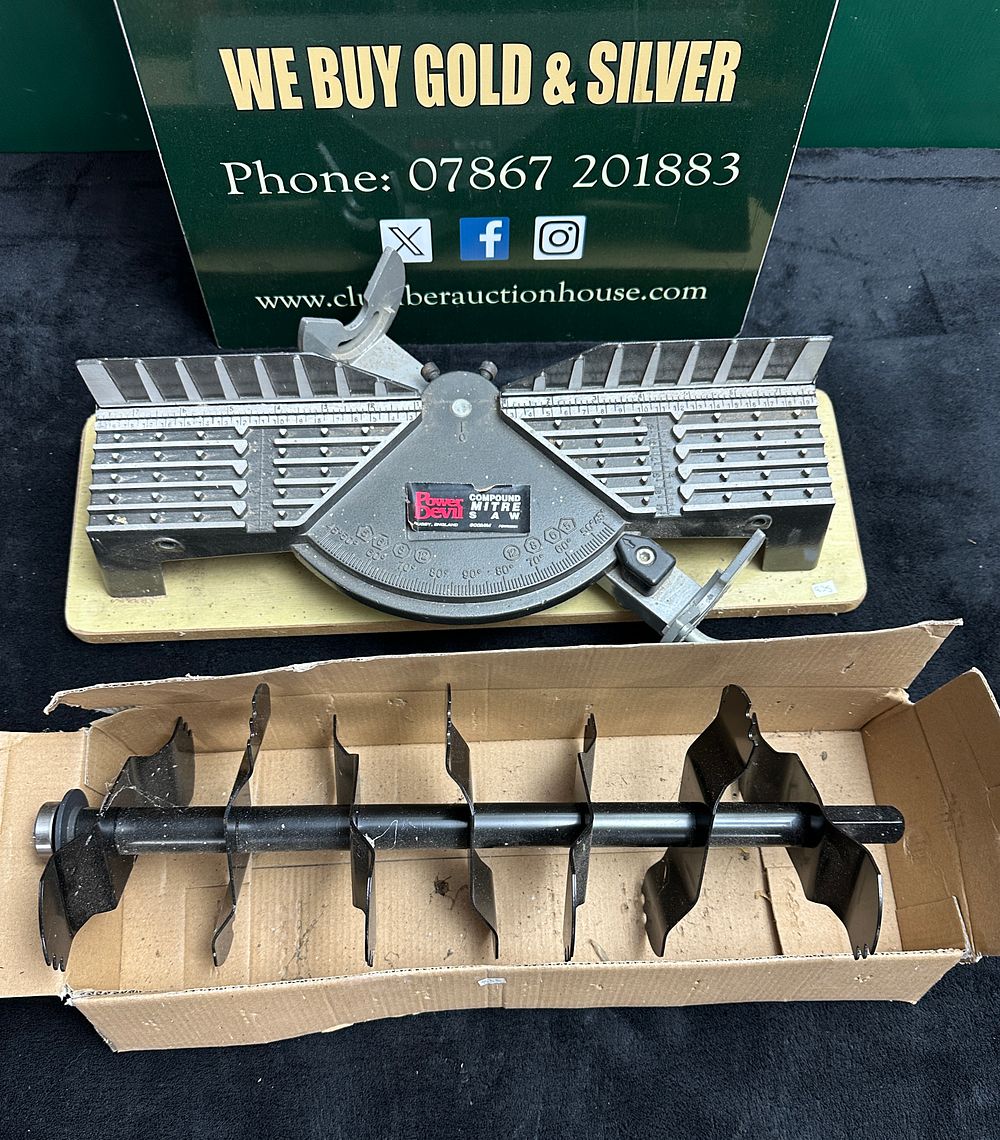 Lot 91: Two Workshop and Garden Tool Components Including a Power Devil Manual Mitre Saw Base and a Garden Cultivator Tine Shaft