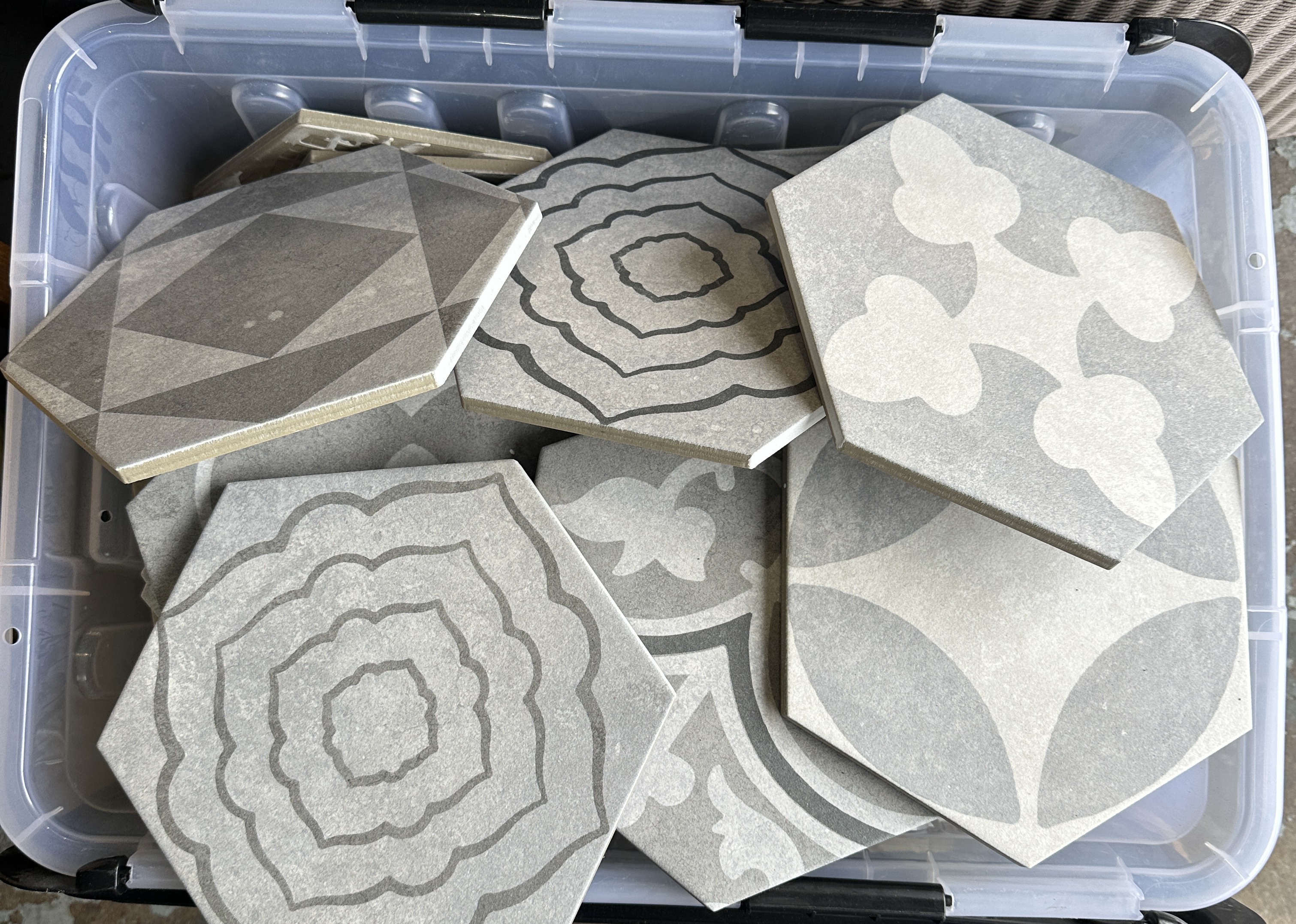 A Collection of Contemporary Hexagonal Porcelain Tiles with Mixed Encaustic-Style Patterns
