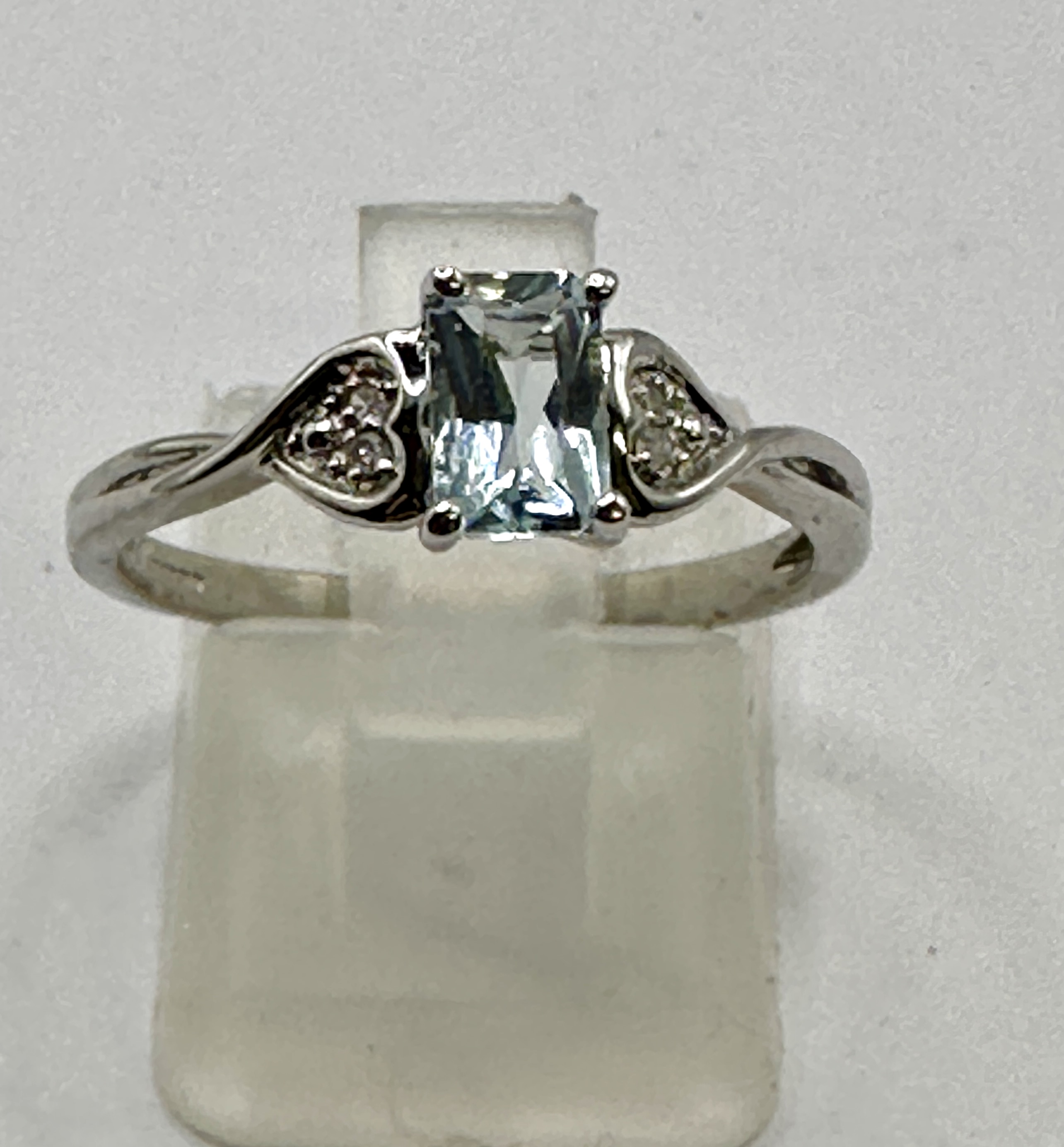 9ct White Gold Aquamarine and Diamond Heart Shoulder Ring