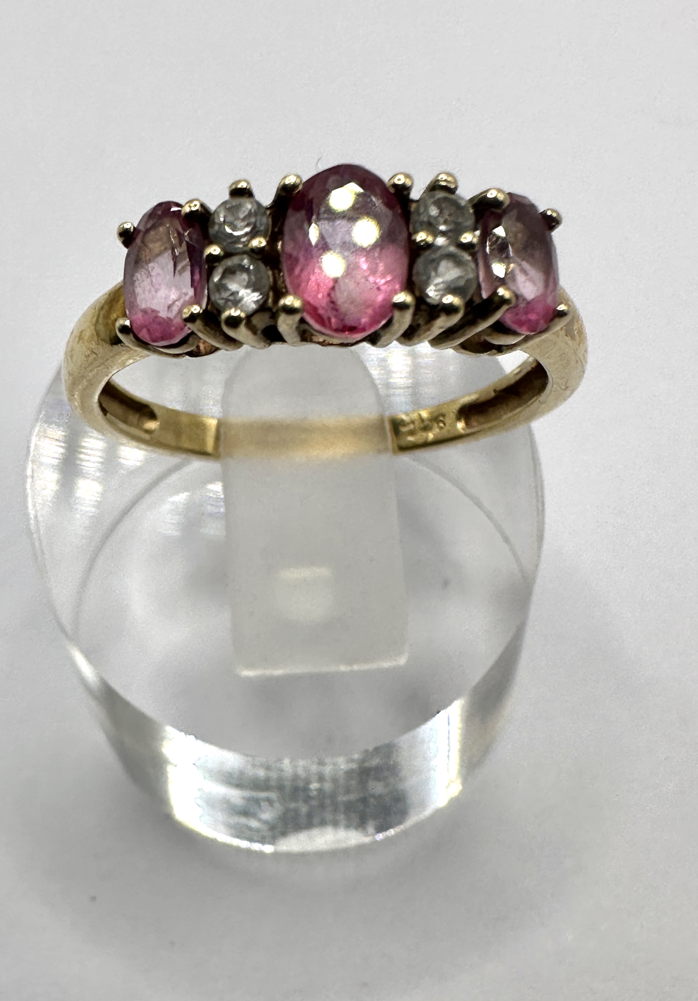 9ct Yellow Gold Pink Gemstone and Colourless Stone Multi-Stone Dress Ring