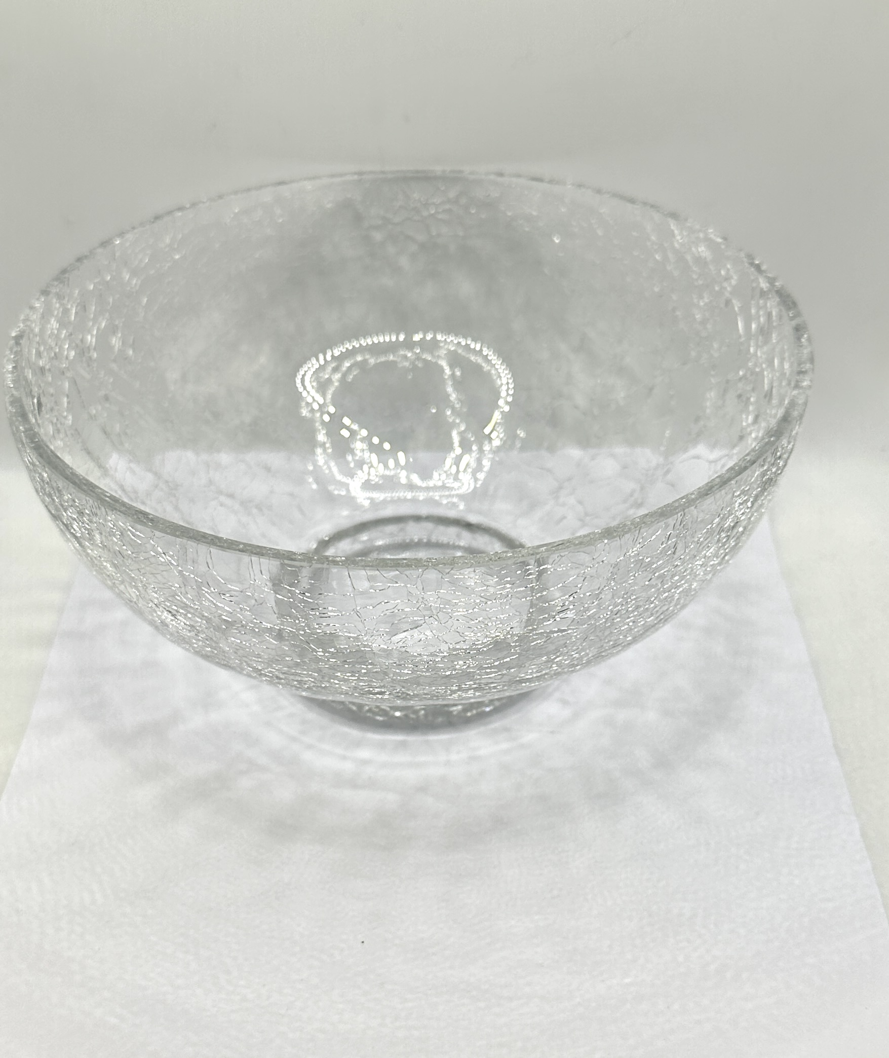 A Clear Hand-Blown Crackle Glass Footed Bowl