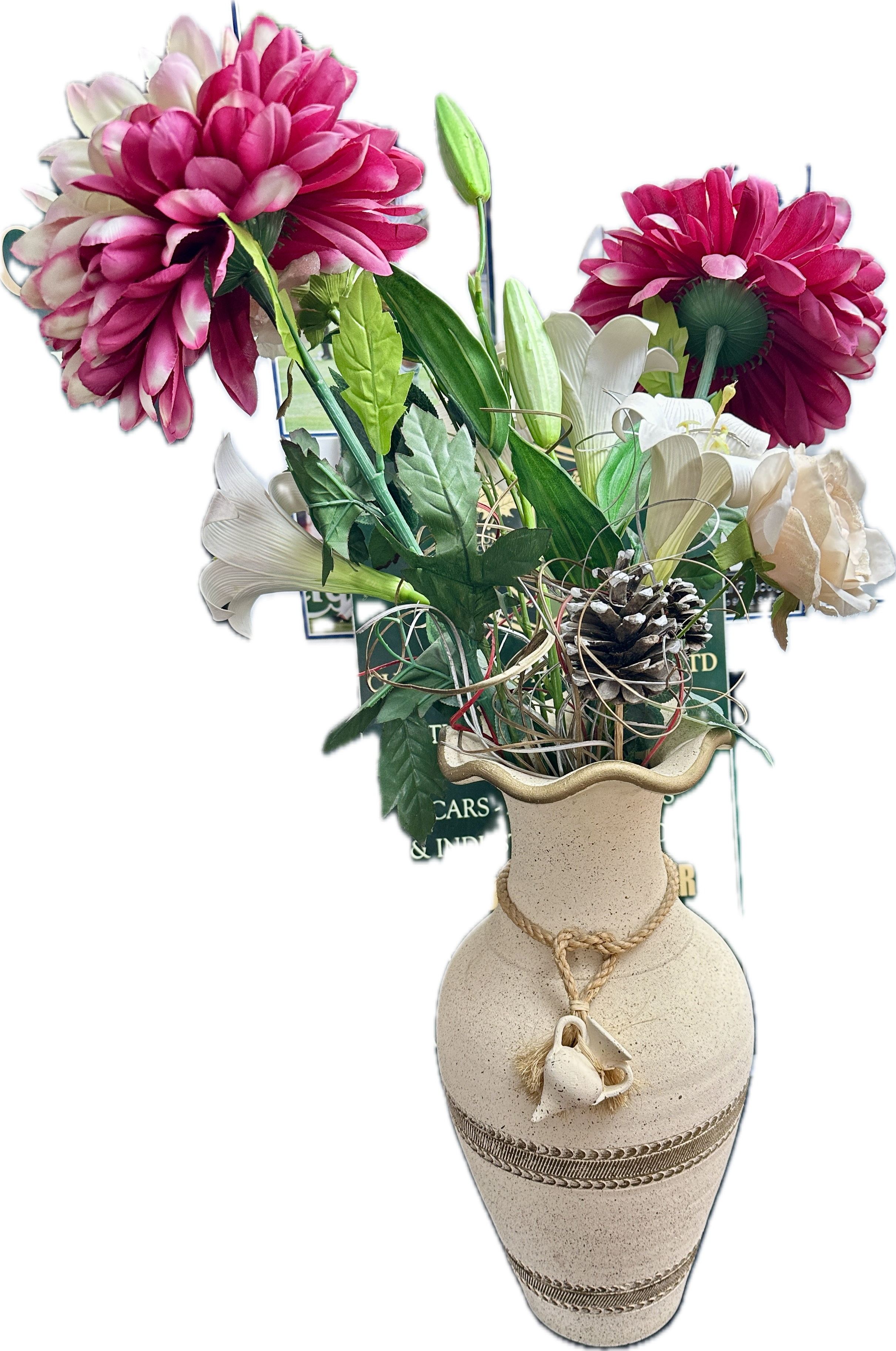 A Textured Ceramic Vase with Gilt Rim and Artificial Floral Arrangement
