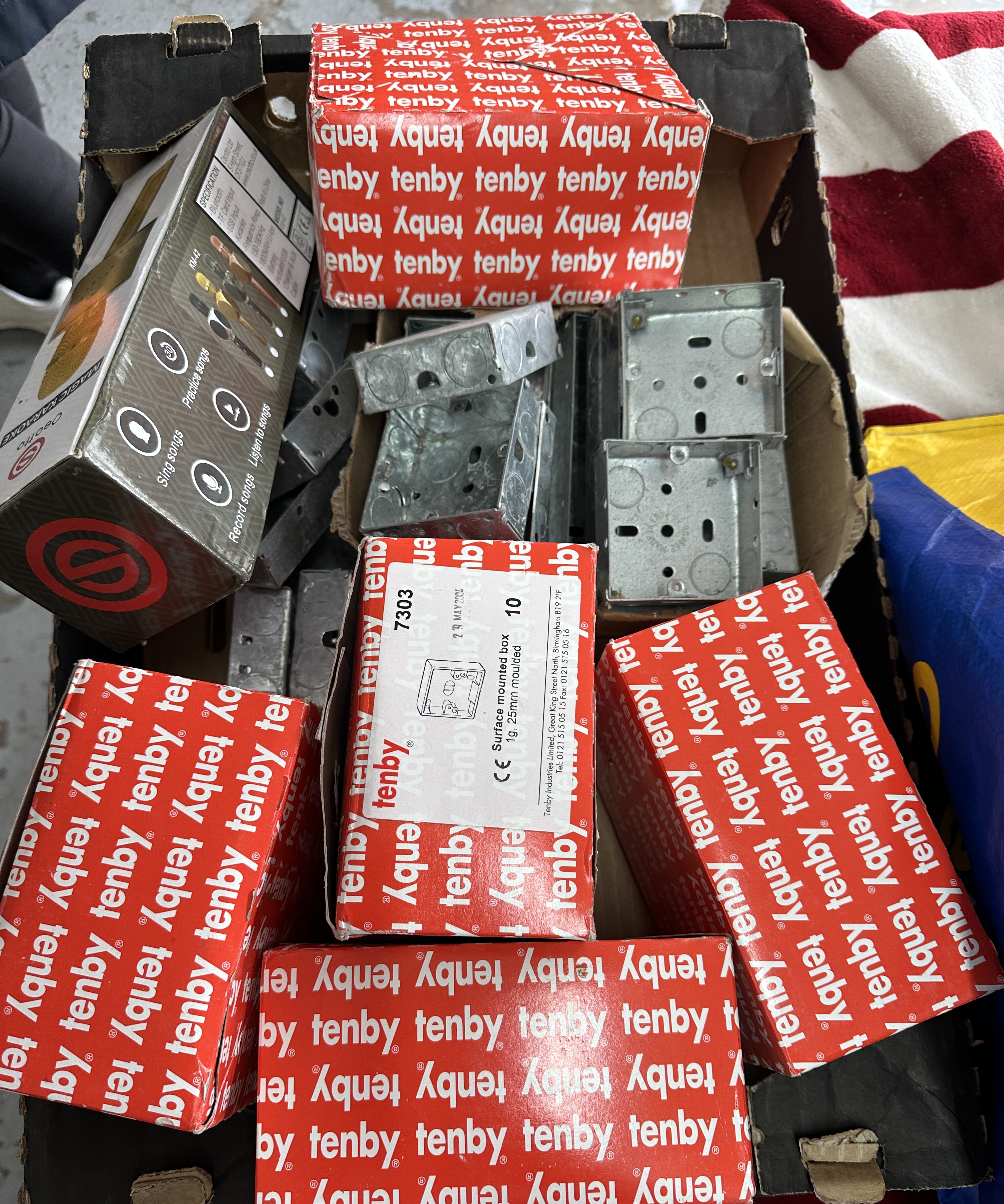 An Assortment of Tenby Surface-Mounted and Galvanised Metal Electrical Back Boxes and a Magic Karaoke Microphone