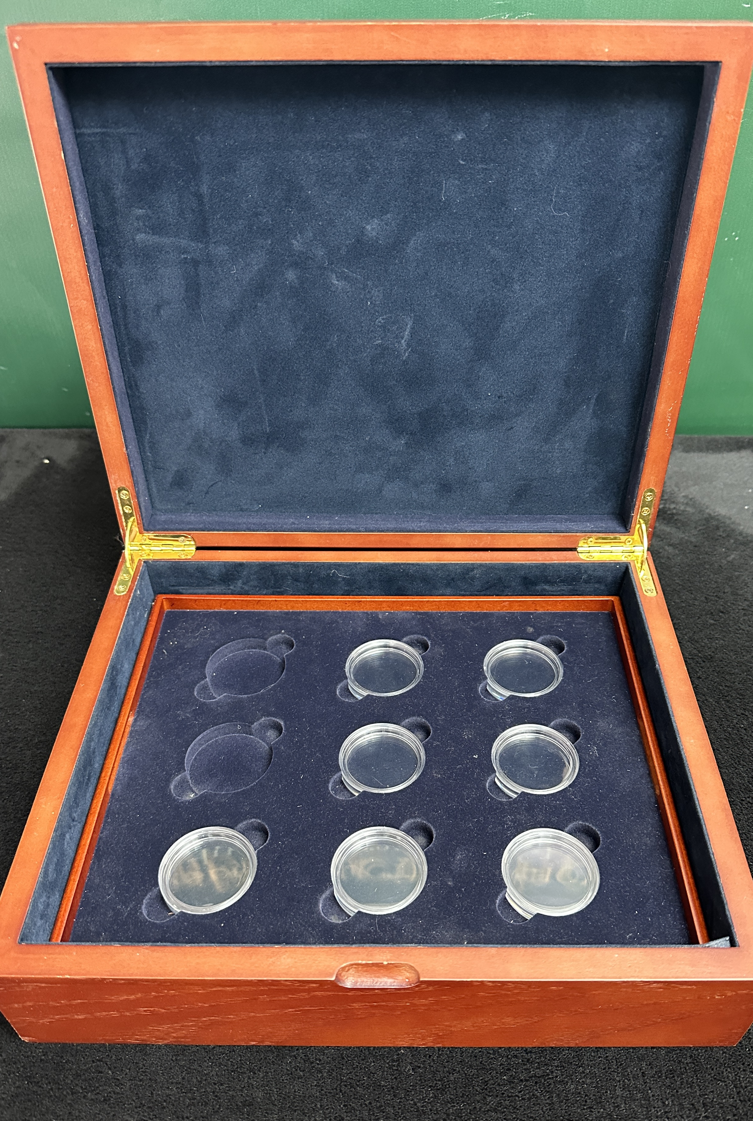 Wooden Numismatic Presentation Box with Nine Recesses