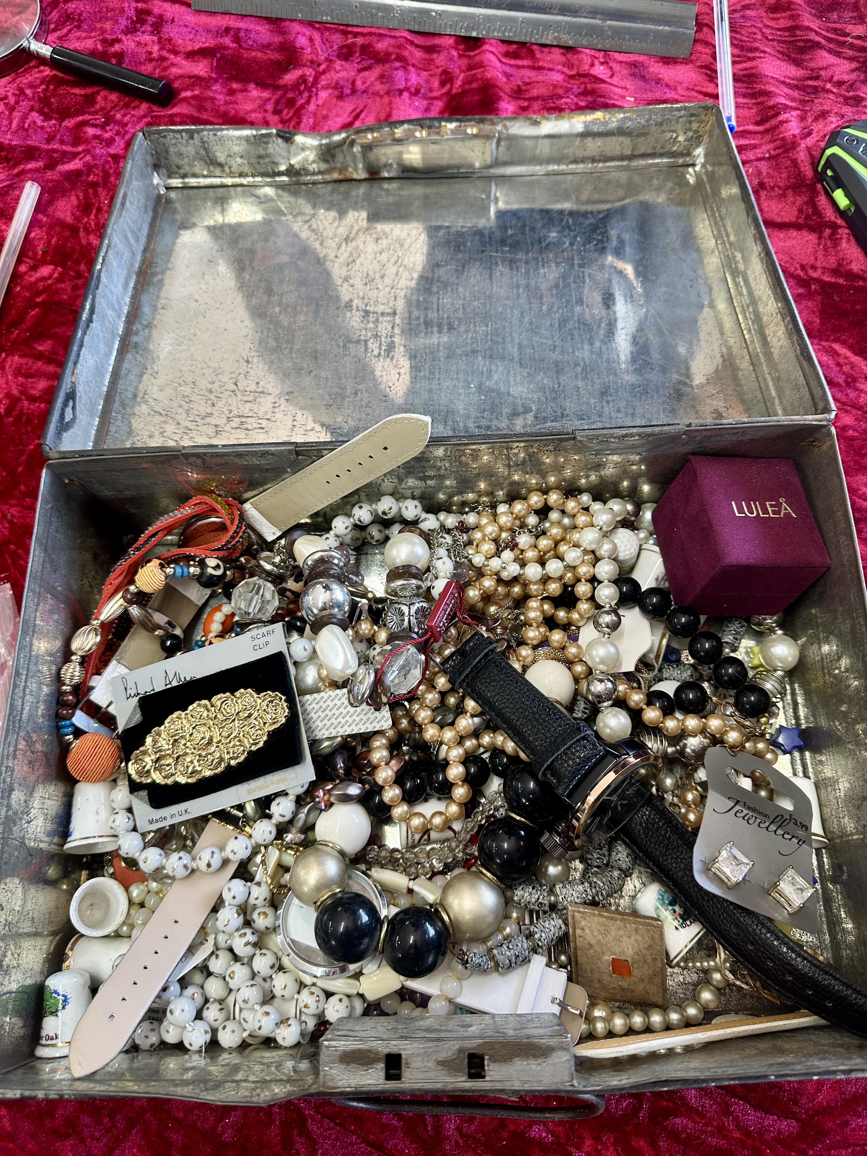 A Collection of Assorted Costume Jewellery and Collectibles in a Vintage Metal Box
