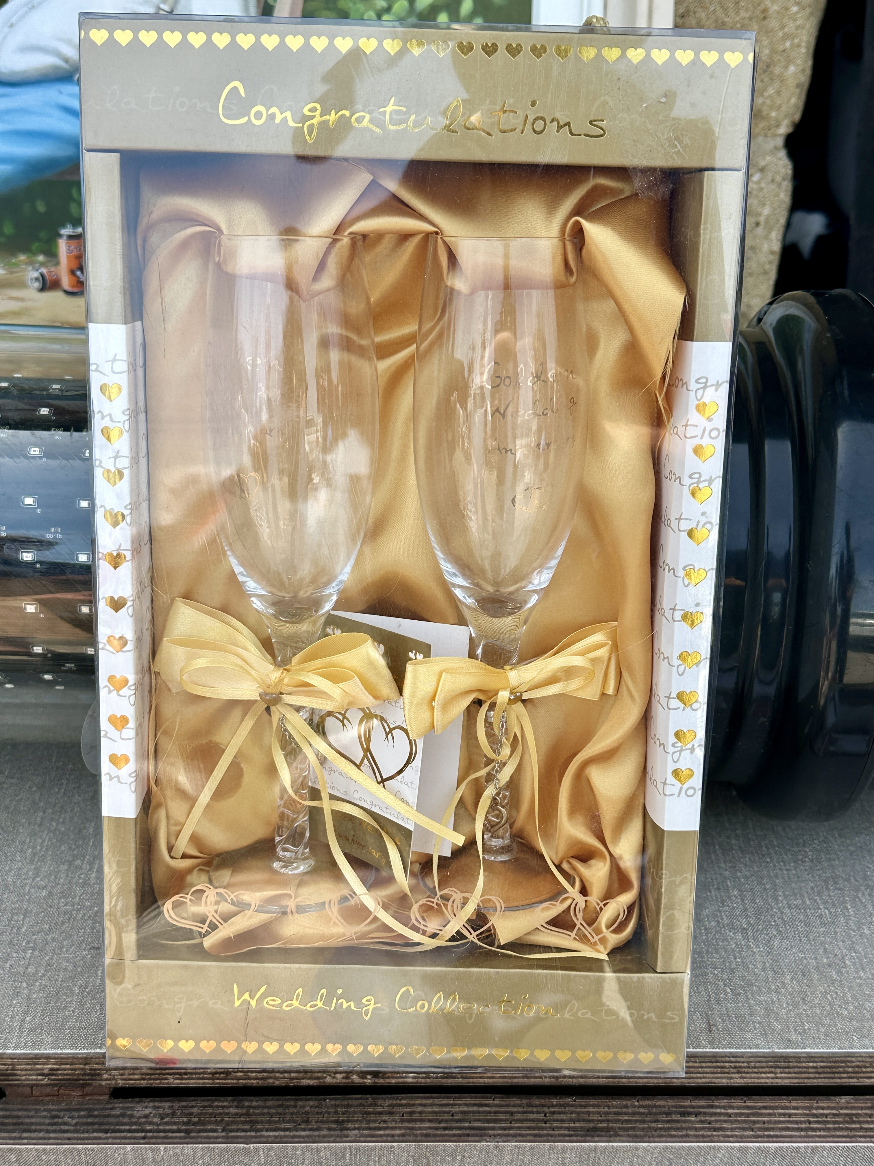 A Pair of Commemorative Golden Wedding Anniversary Champagne Flutes in a Wedding Collection Presentation Box