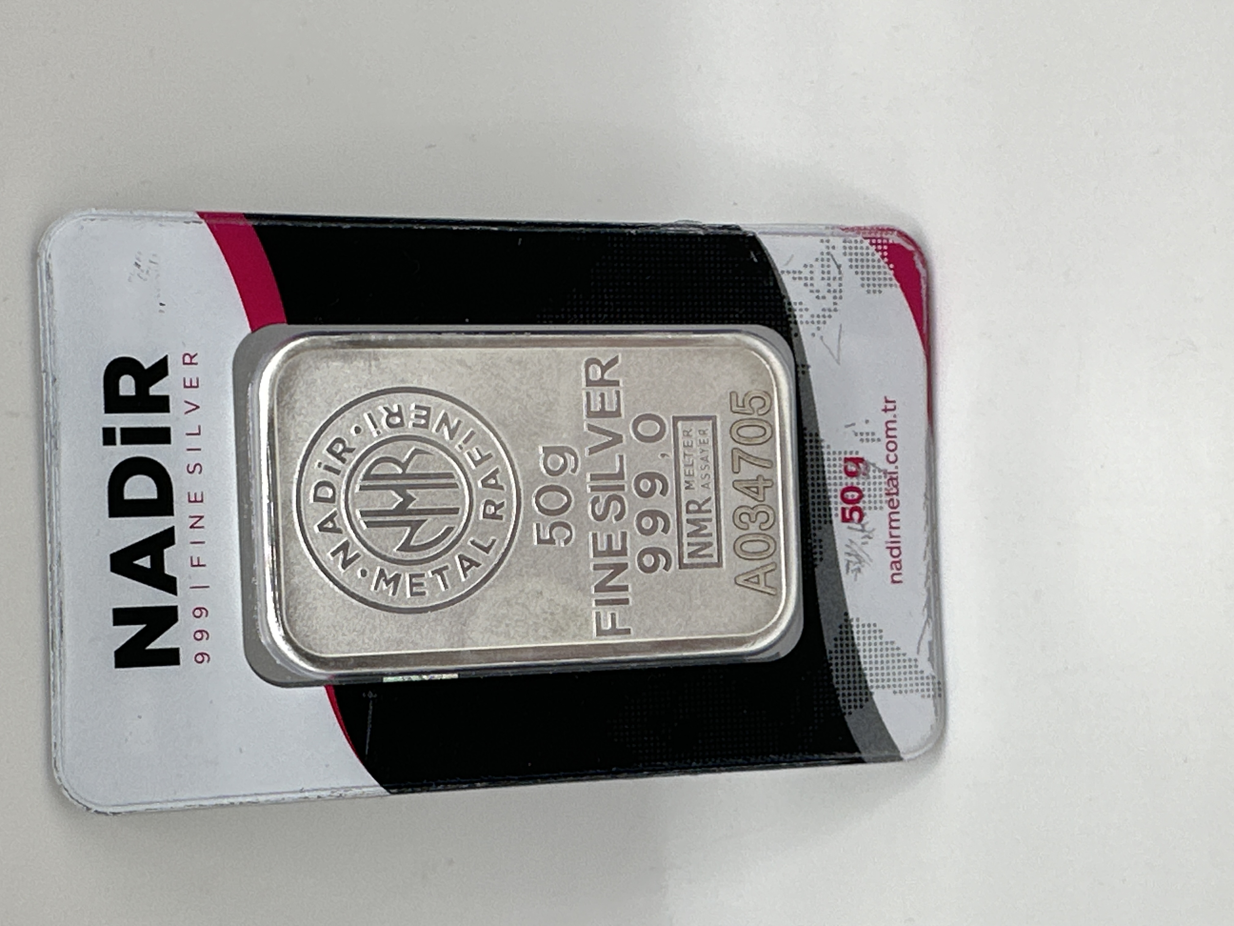 Nadir Metal Rafineri 50 Gram .999 Fine Silver Bullion Bar in Sealed Assay Card