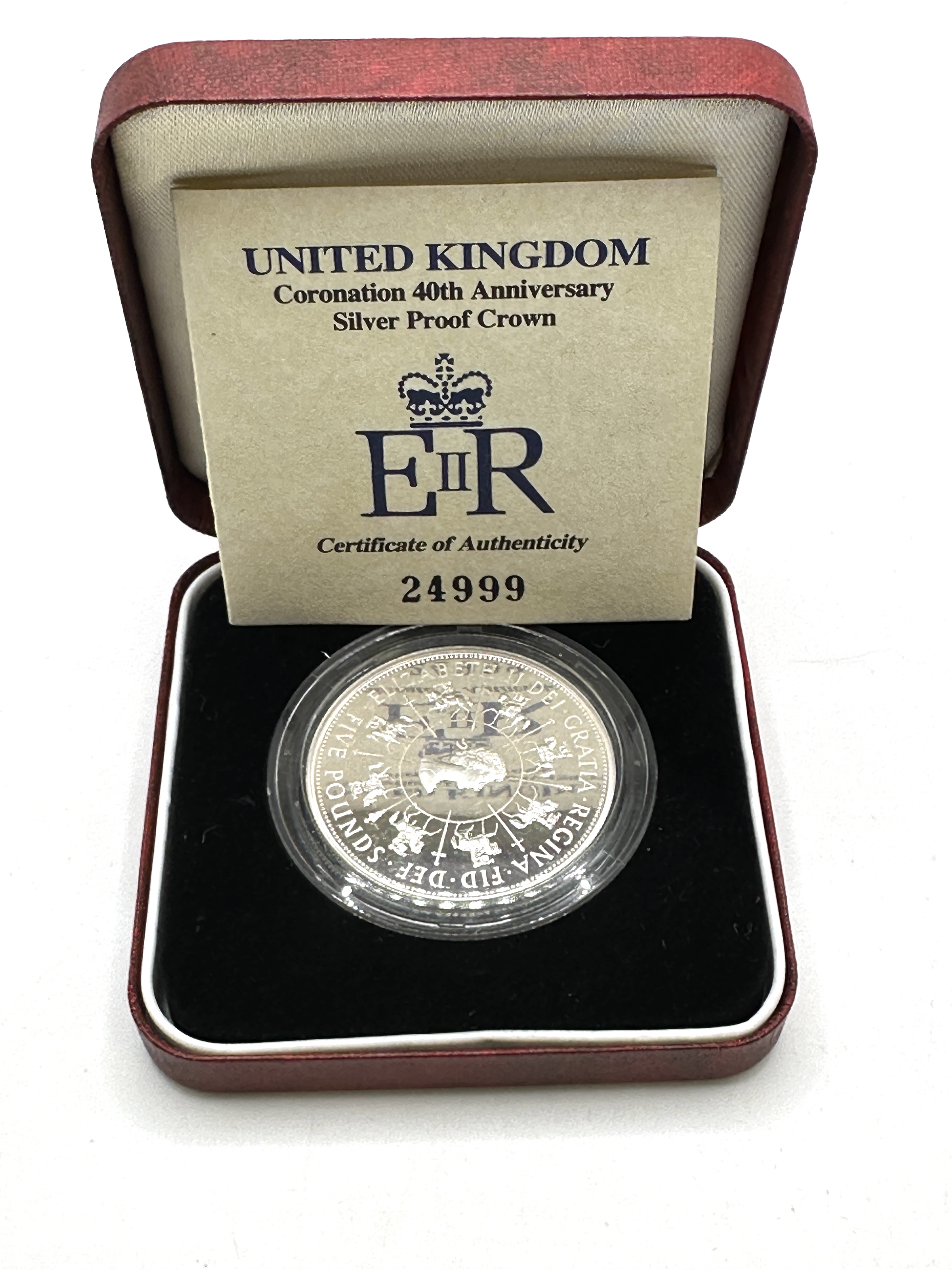 1993 UK Silver Proof Five Pounds Coronation 40th Anniversary Crown
