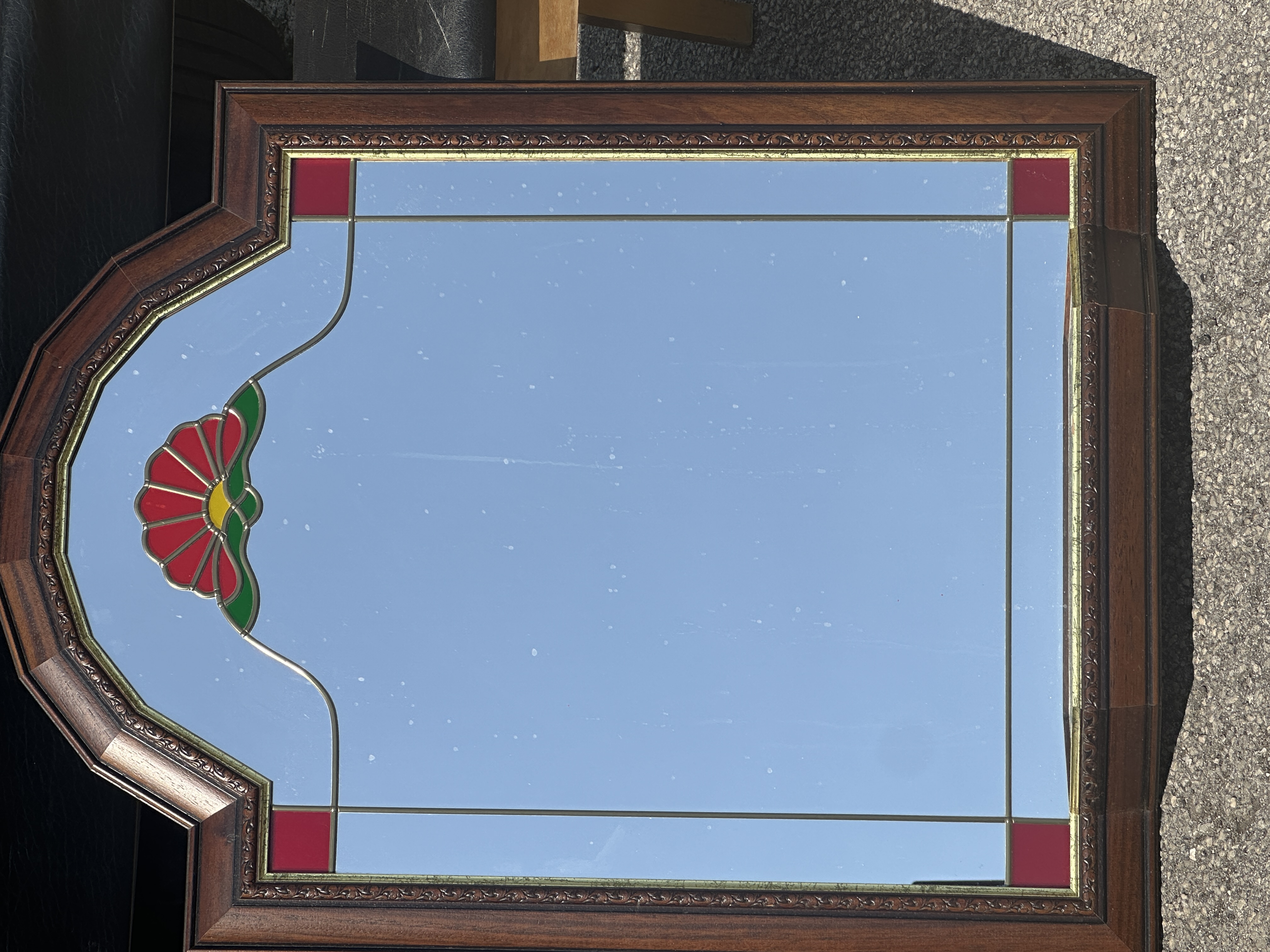Edwardian Art Nouveau Wall Mirror with Integral Shelf and Leaded Stained Glass