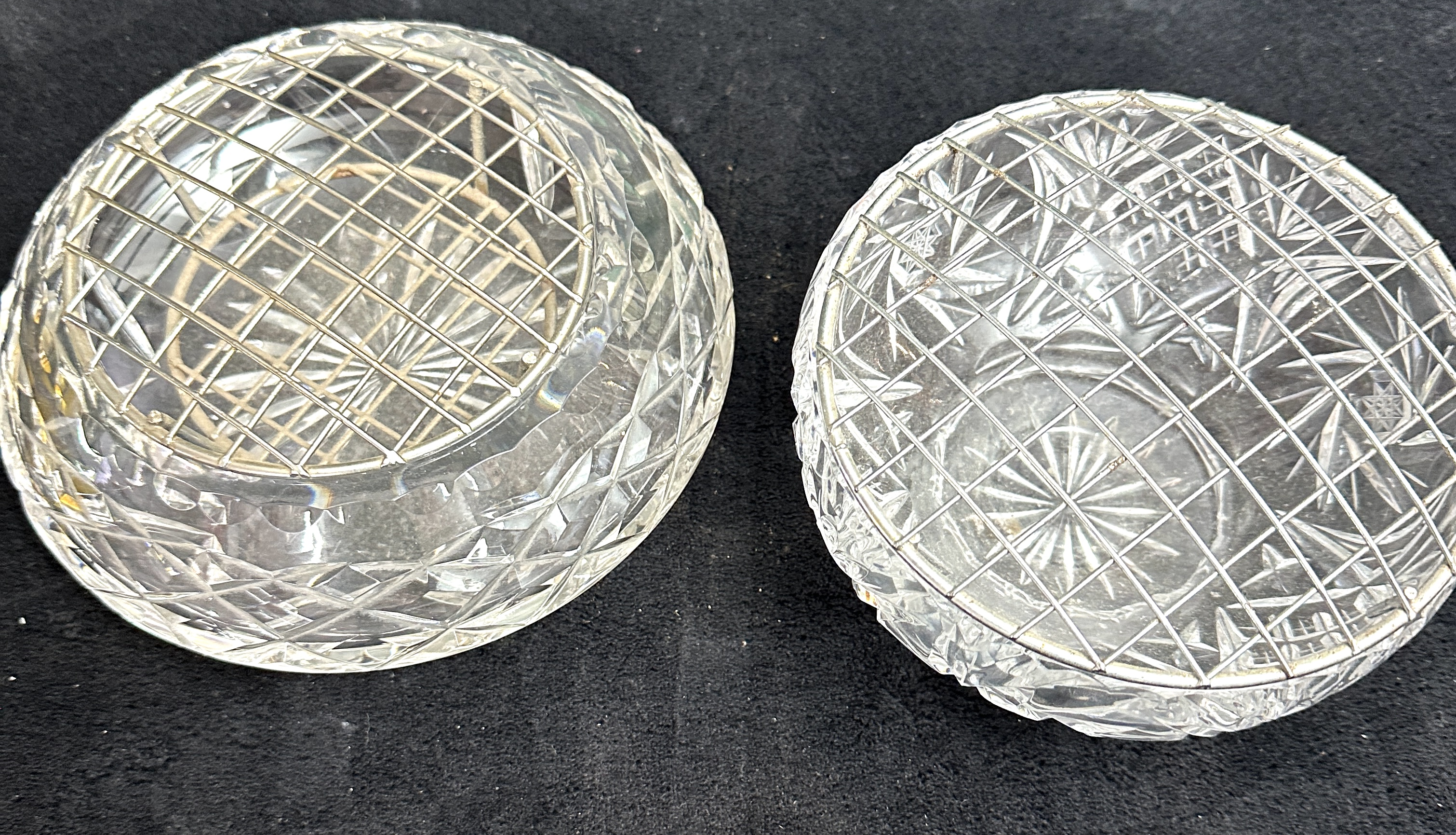 A Pair of Cut Crystal Rose Bowls with Wire Mesh Flower Frogs