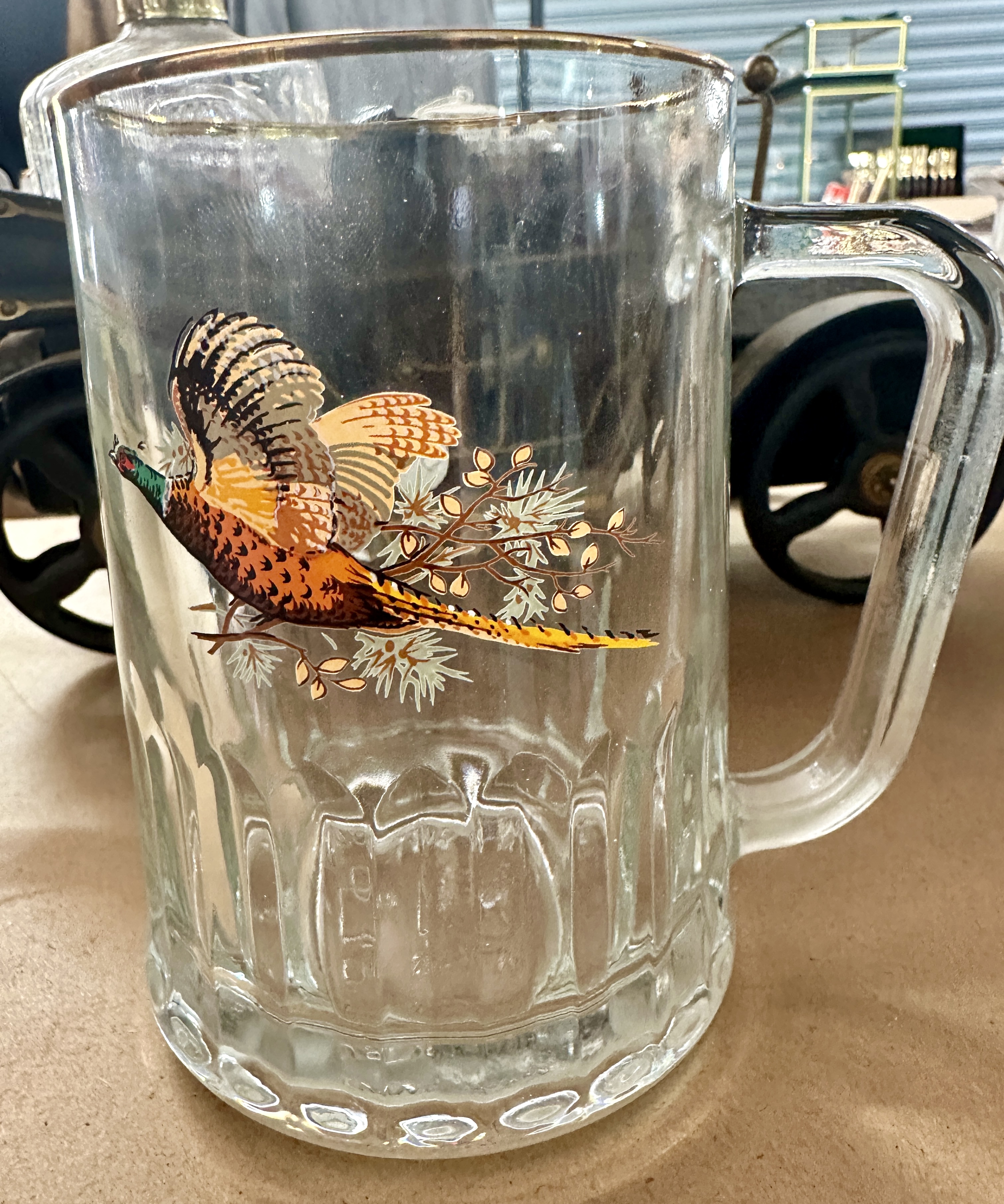 Federal Glass Company Clear Glass Tankard with Pheasant Decoration