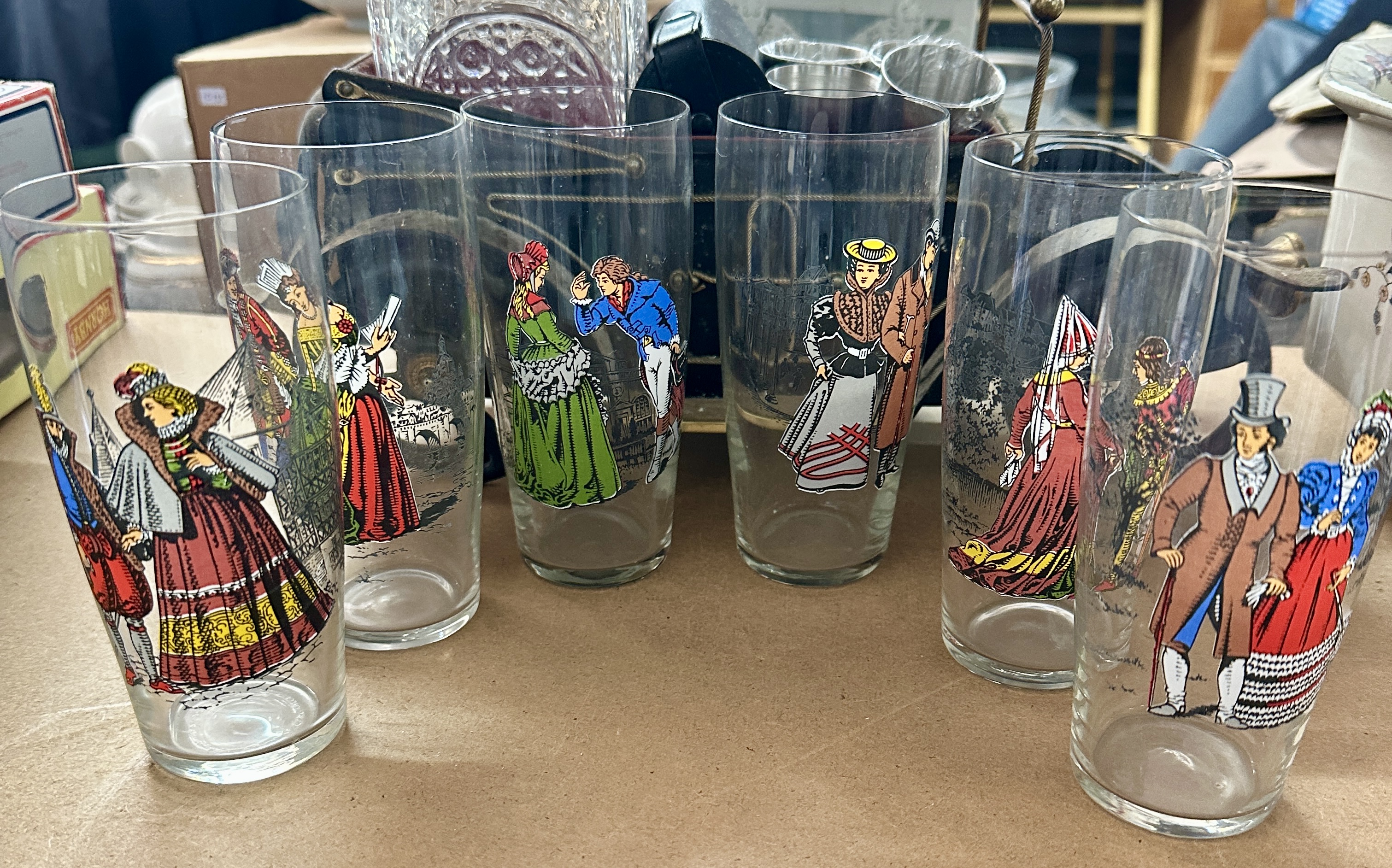 A Set of Six Vintage Transfer-Printed Glass Tumblers Featuring Costume History Motifs