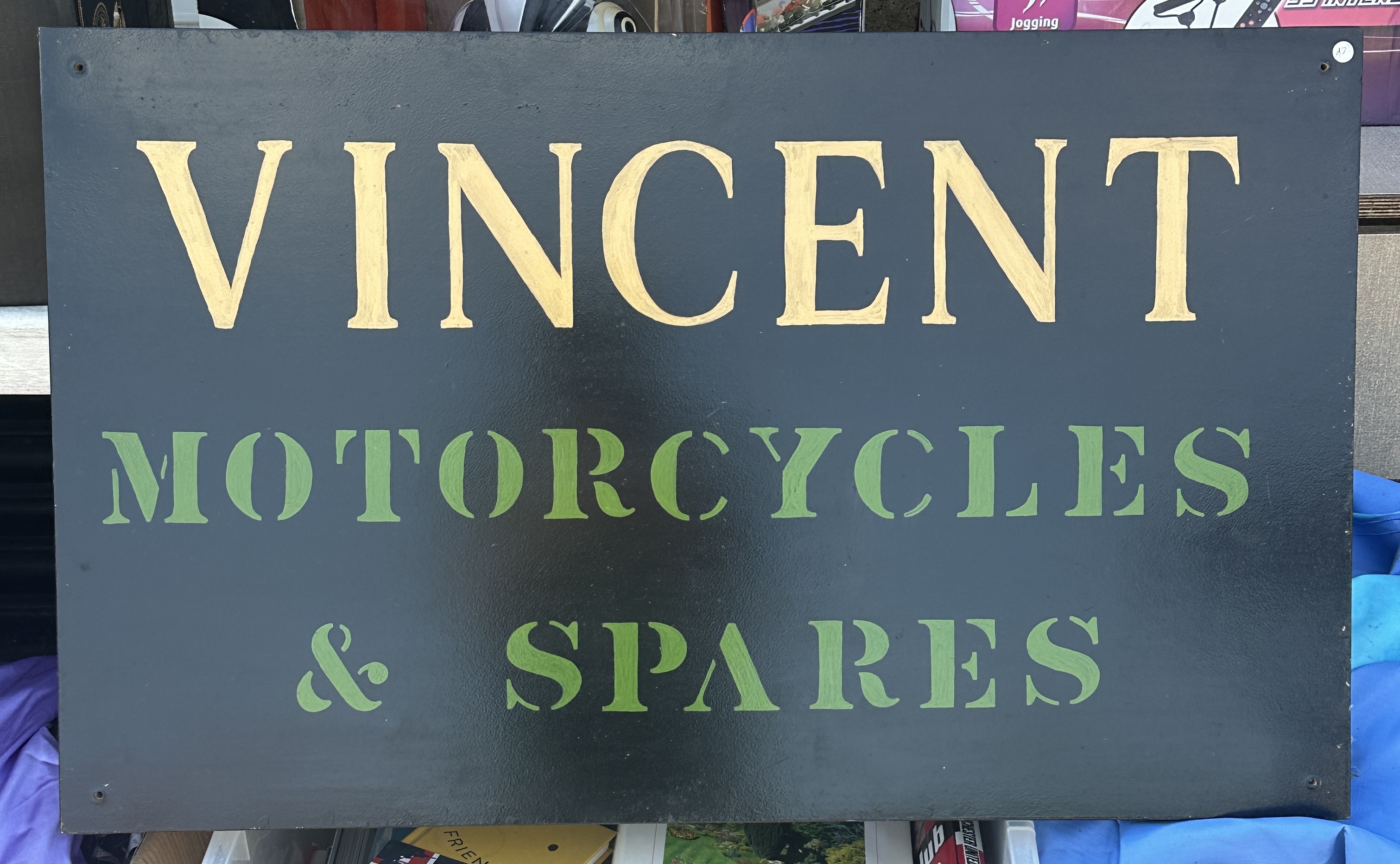 A Hand-Painted Vincent Motorcycles and Spares Decorative Advertising Sign
