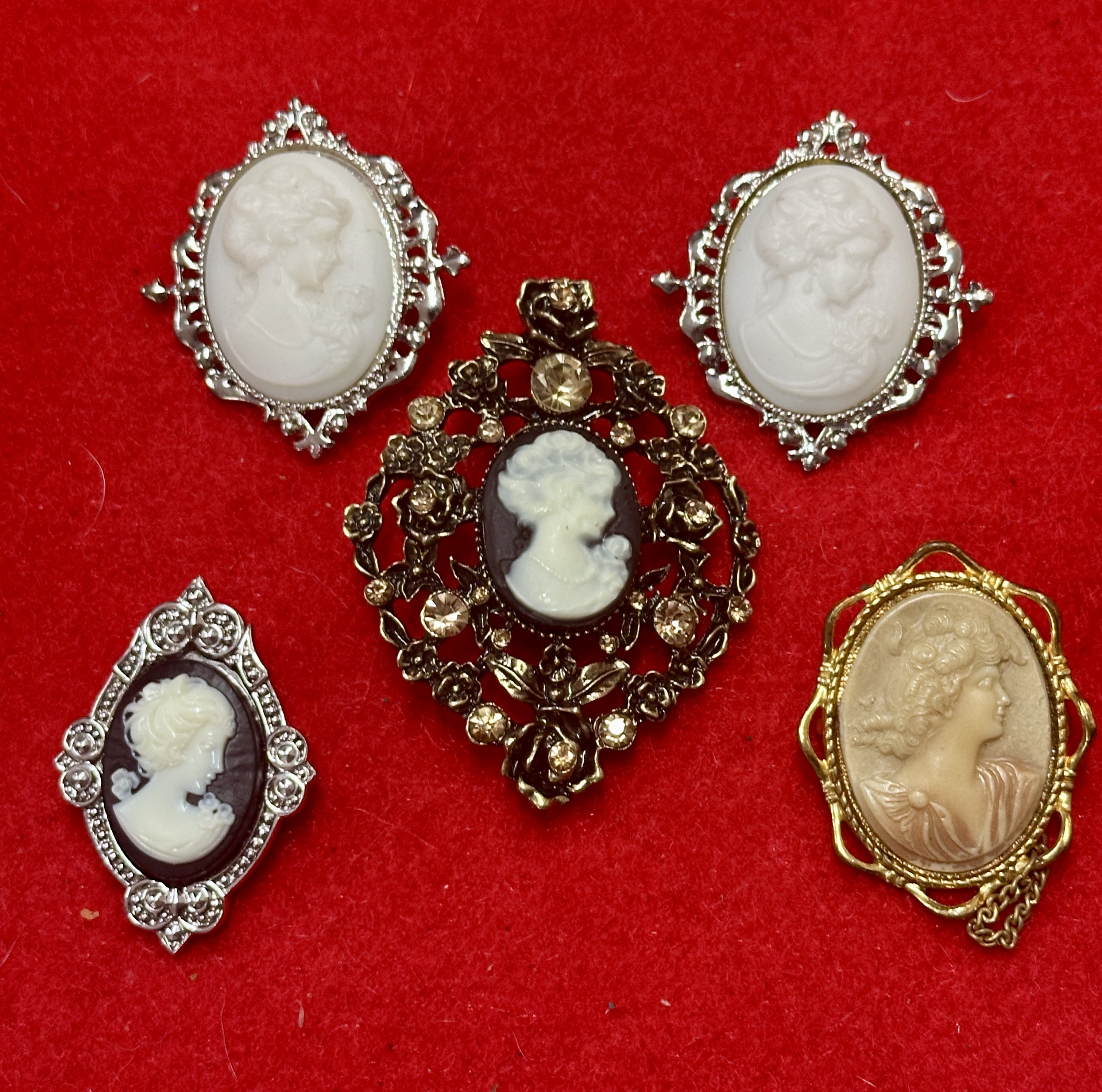 A Collection of Vintage Costume Jewellery Cameo Brooches