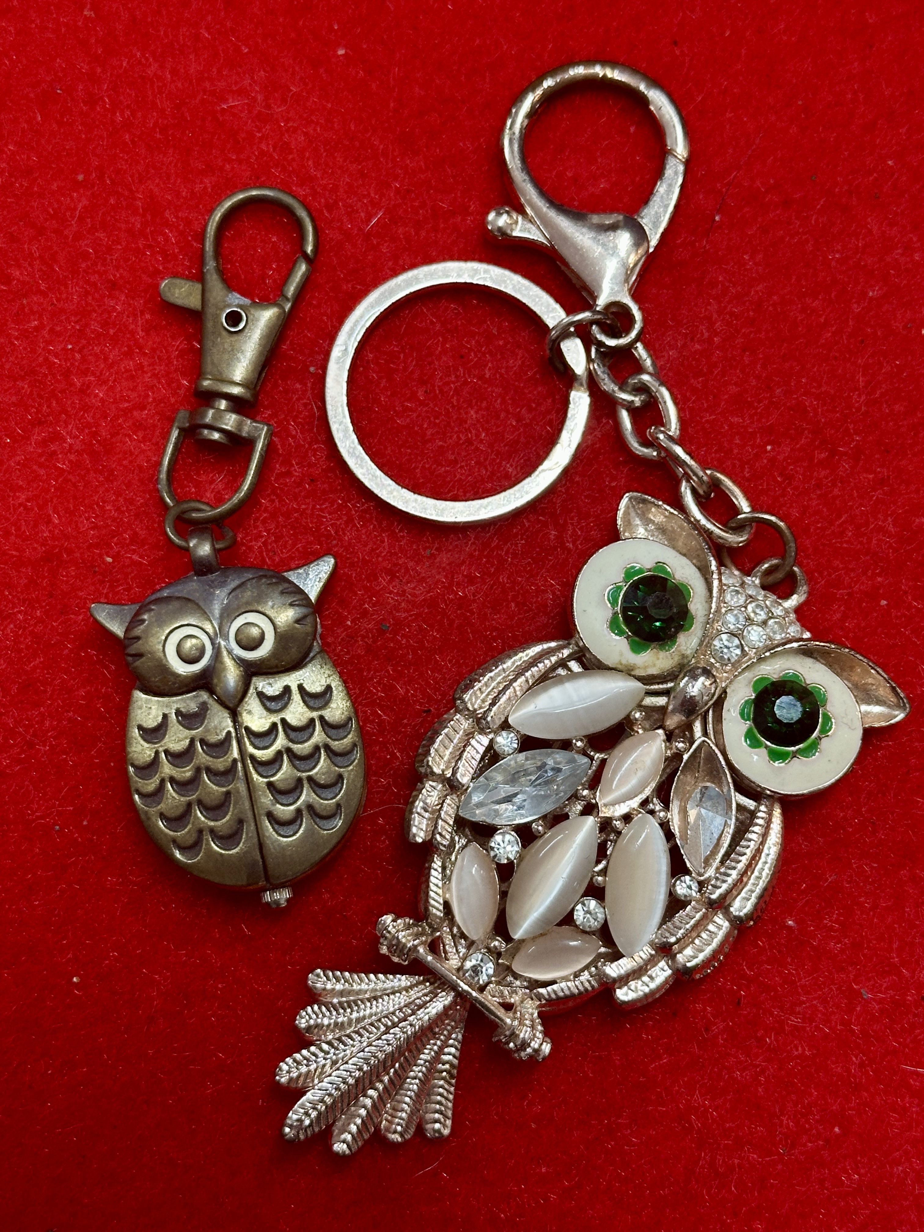 Two Owl-Themed Keychains Including a Concealed Watch Pendant and a Jewelled Bag Charm