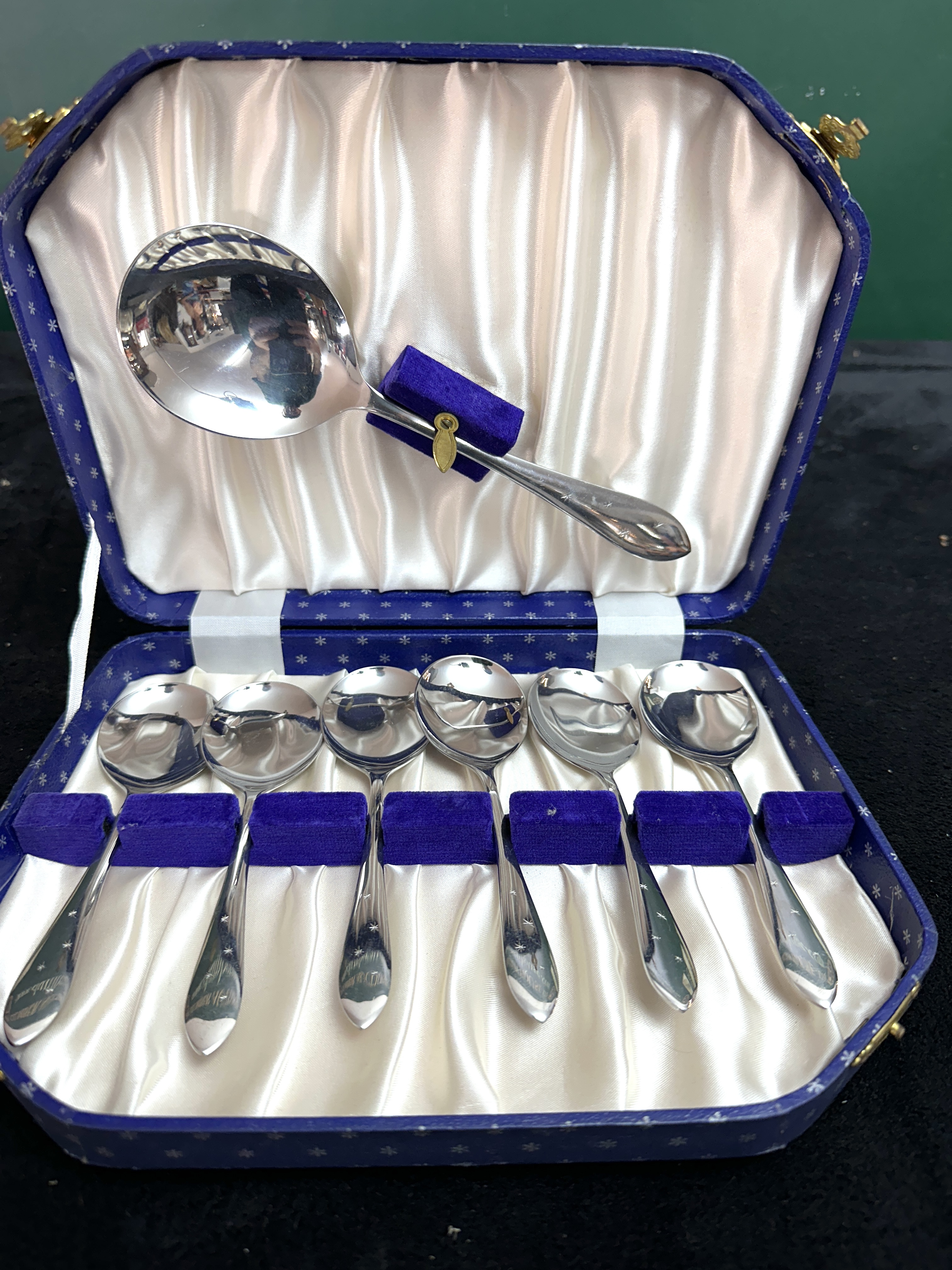 A Set of Silver-Plated Dessert Spoons with Engraved Star Decoration in a Fitted Case