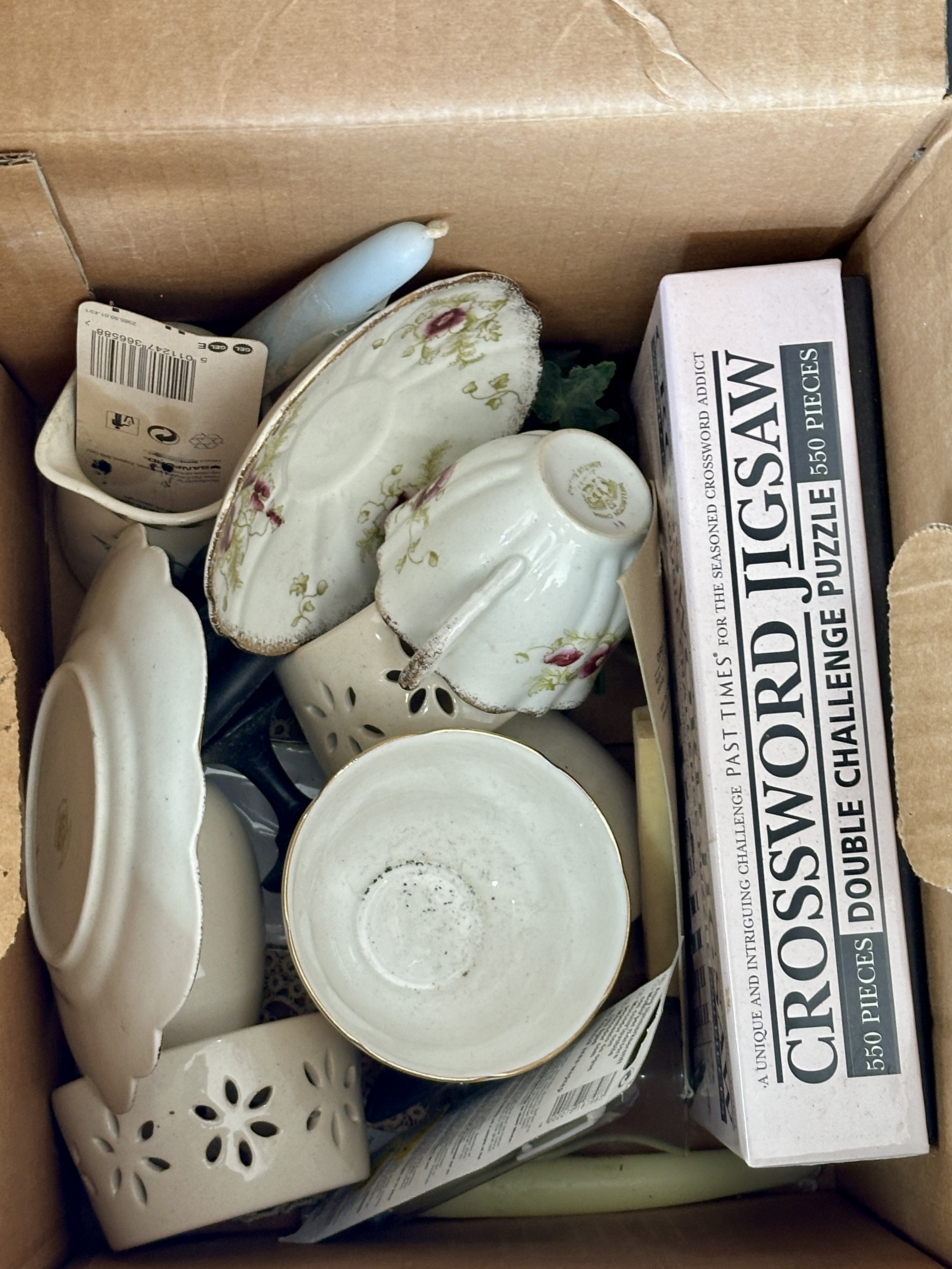 An Assortment of Ceramic Tableware, Perforated Holders, and a Boxed Jigsaw Puzzle