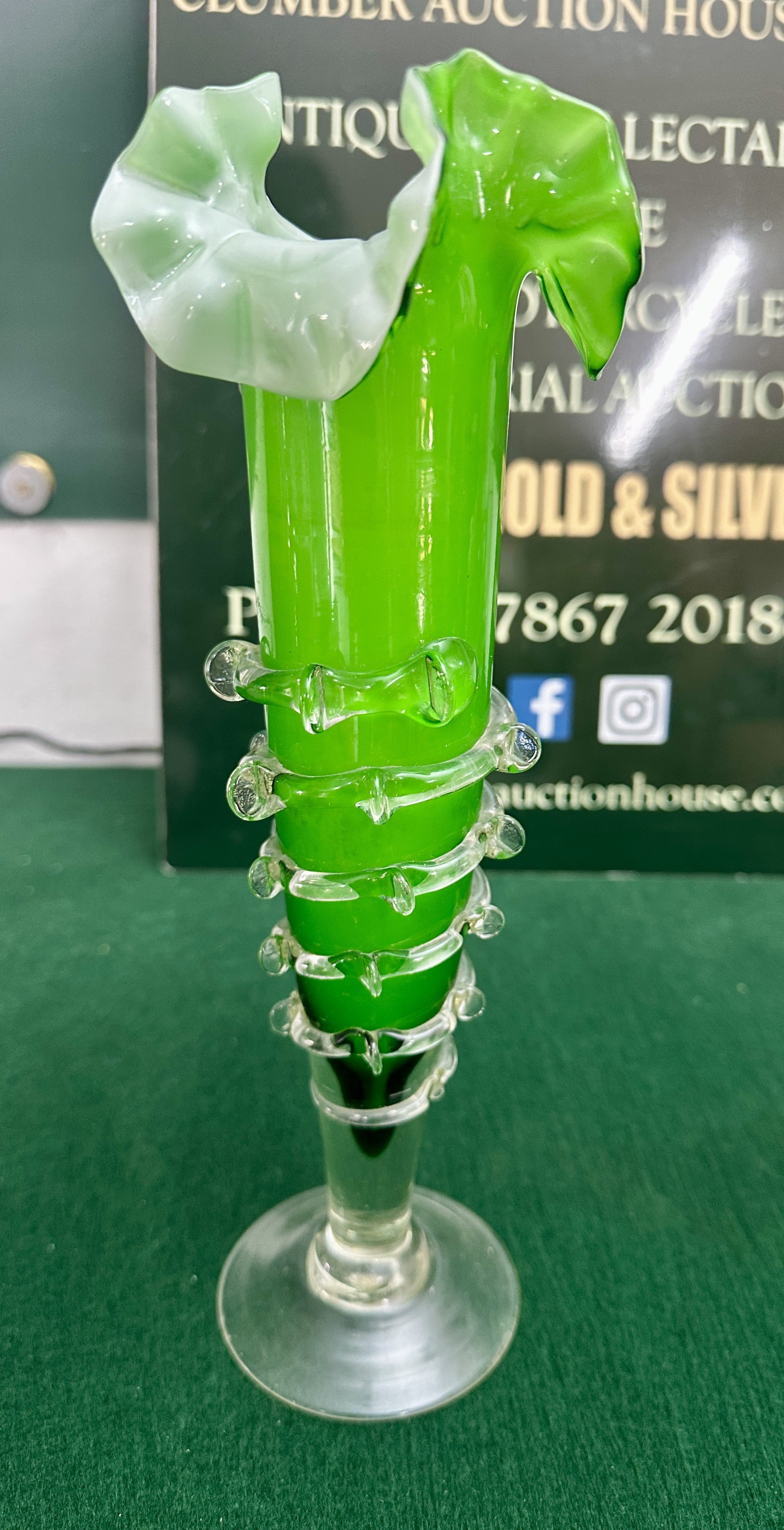 A Victorian Style Cased Green and White Art Glass Jack-in-the-Pulpit Vase