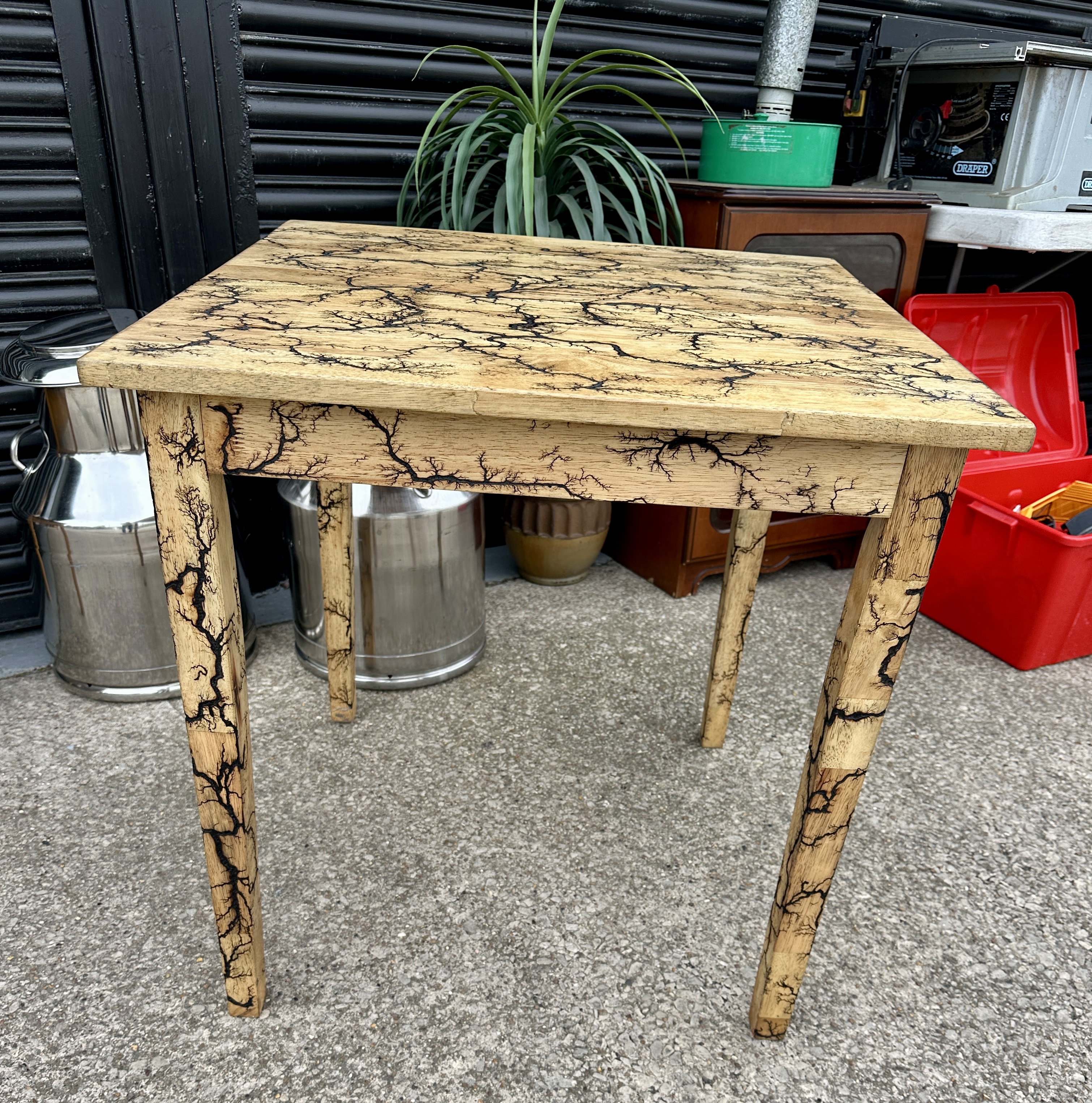 A Contemporary Square Side Table with Lichtenberg Fractal Wood-Burning Decoration