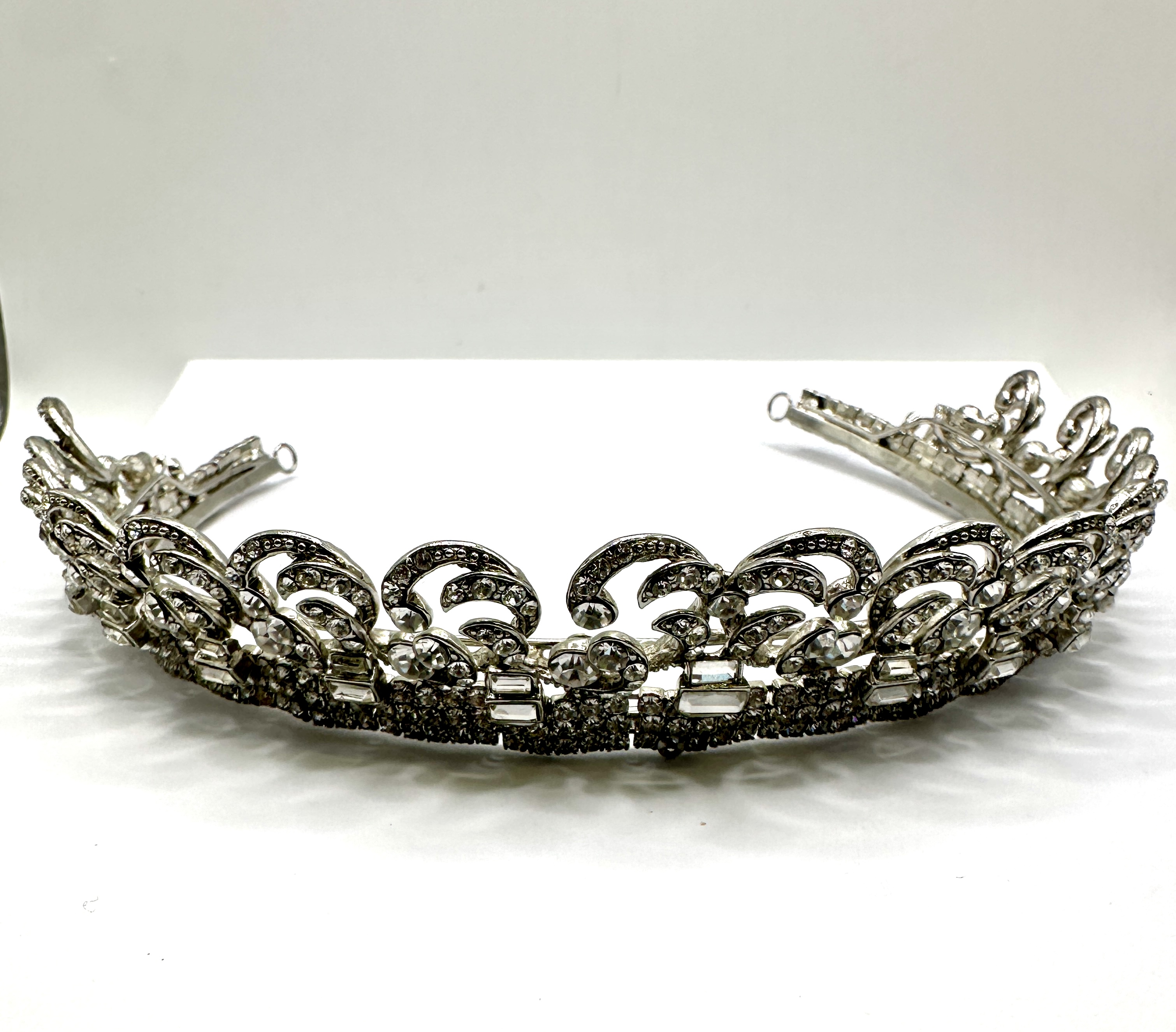 Vintage Silver-Toned and Paste Rhinestone Scrolling Tiara