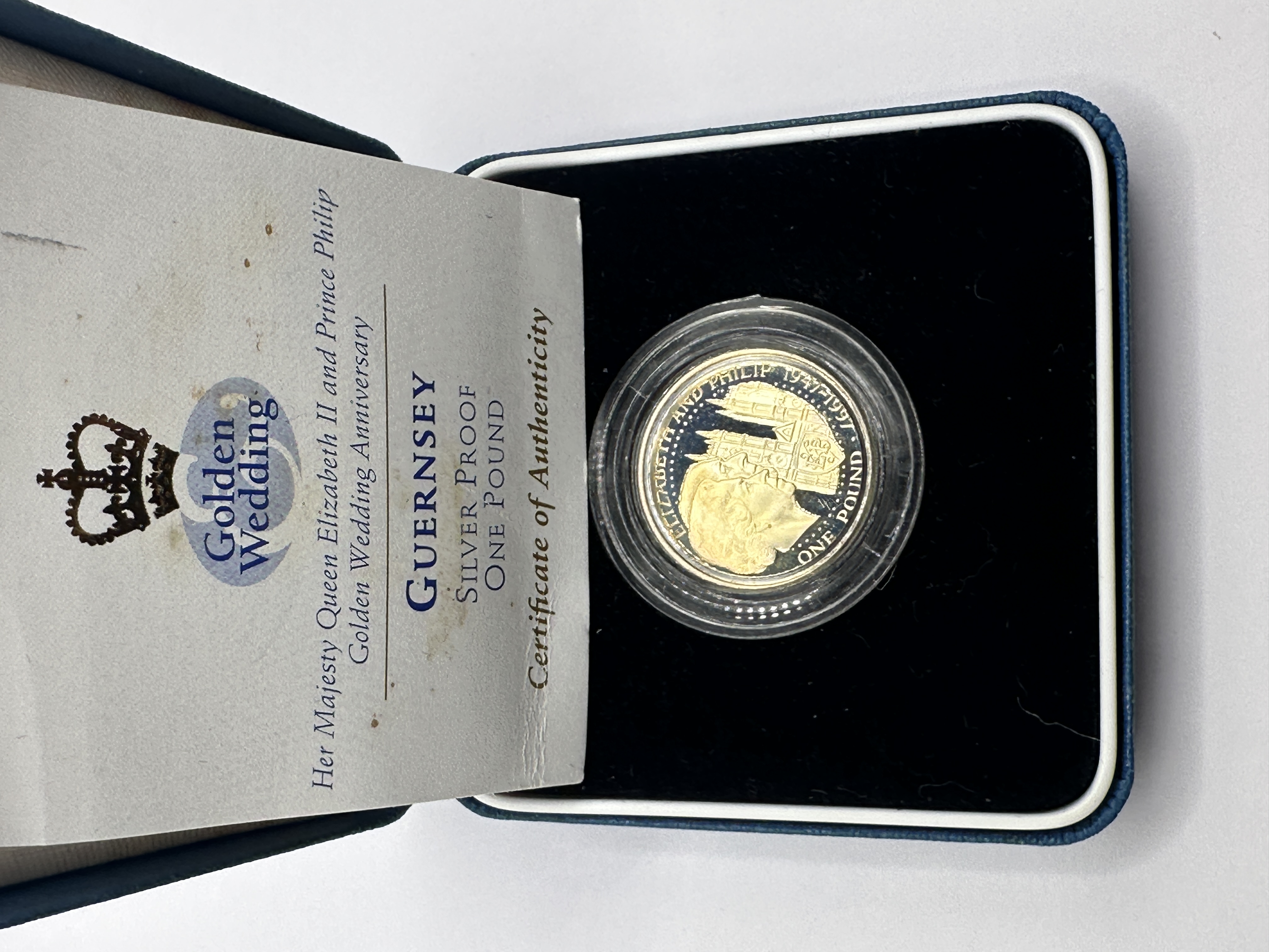 UK Guernsey 1997 Silver Proof Golden Wedding Anniversary One Pound Coin