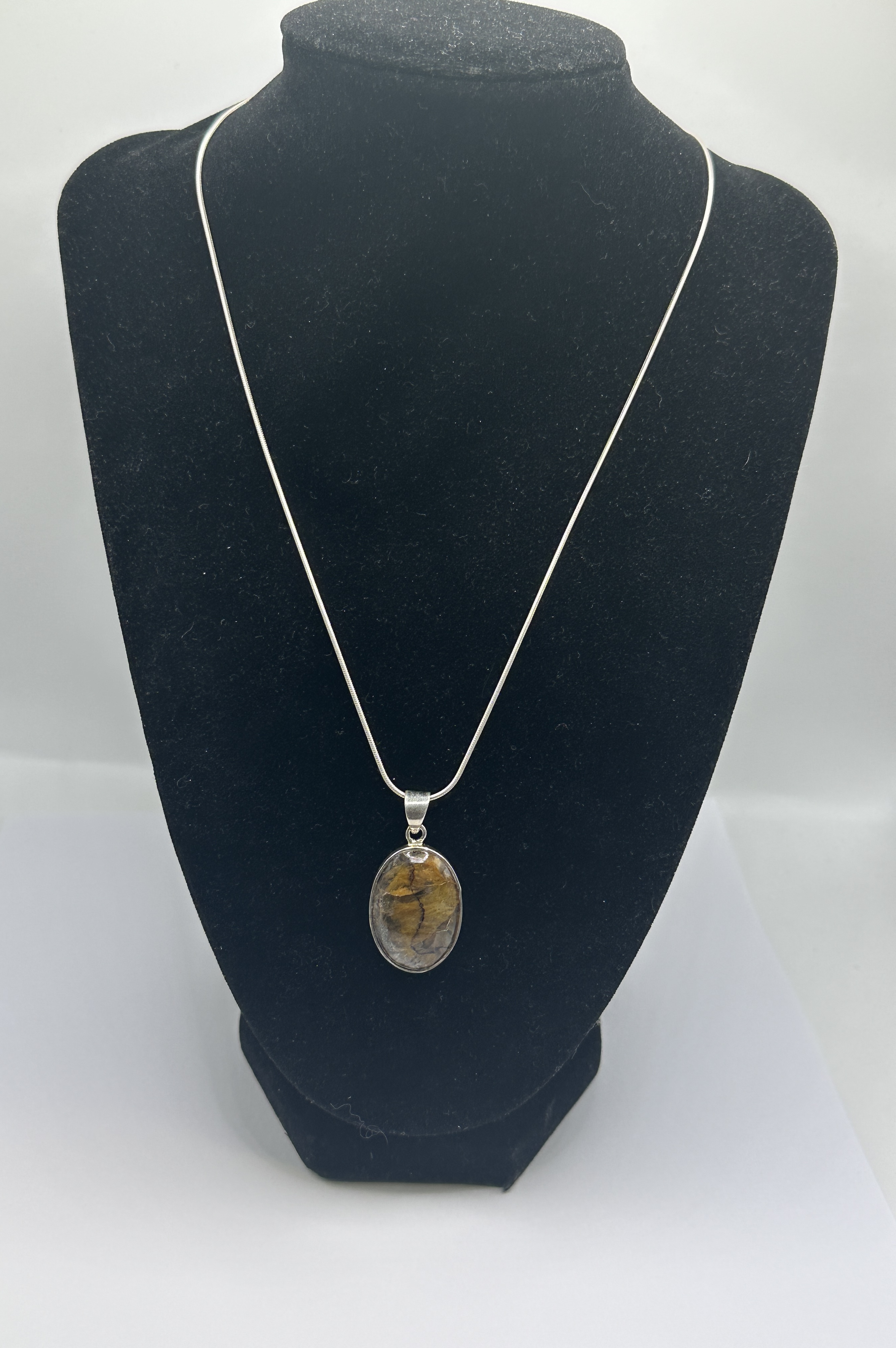 A 925 Silver and Dendritic Stone Cabochon Pendant Necklace