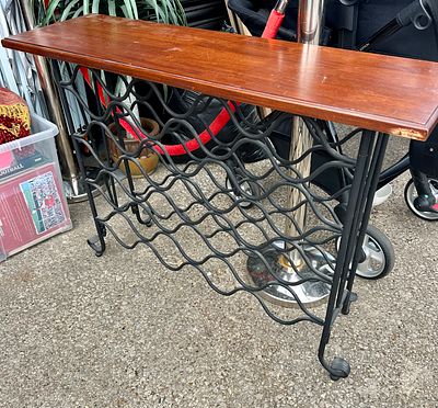 Hardwood and Metal Console Table with Integrated Wine Rack. A contemporary console or hallway 