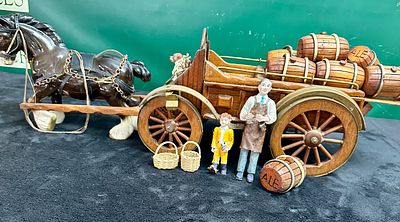 A Model Horse-Drawn Brewery Dray with Ceramic Shire Horse and Assorted Figures. This lot 