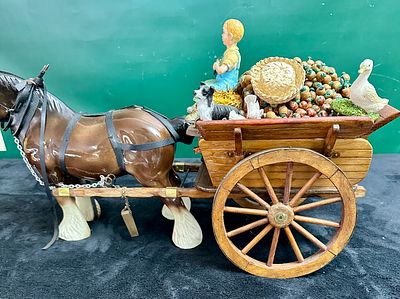 A Decorative Glazed Ceramic Heavy Horse and Loaded Wooden Farm Cart. This decorative lot 
