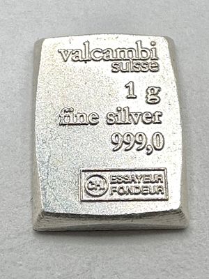 A Valcambi Suisse 1 Gram .999 Fine Silver Bullion Bar. A minted 1-gram silver bullion bar 